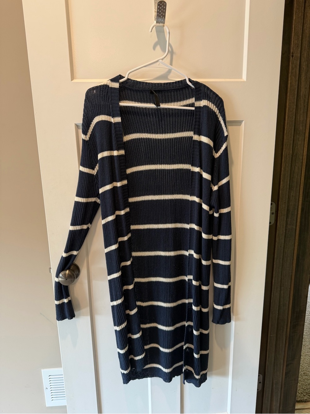 Striped Navy and White Open-Front Women's Cardigan Sweater